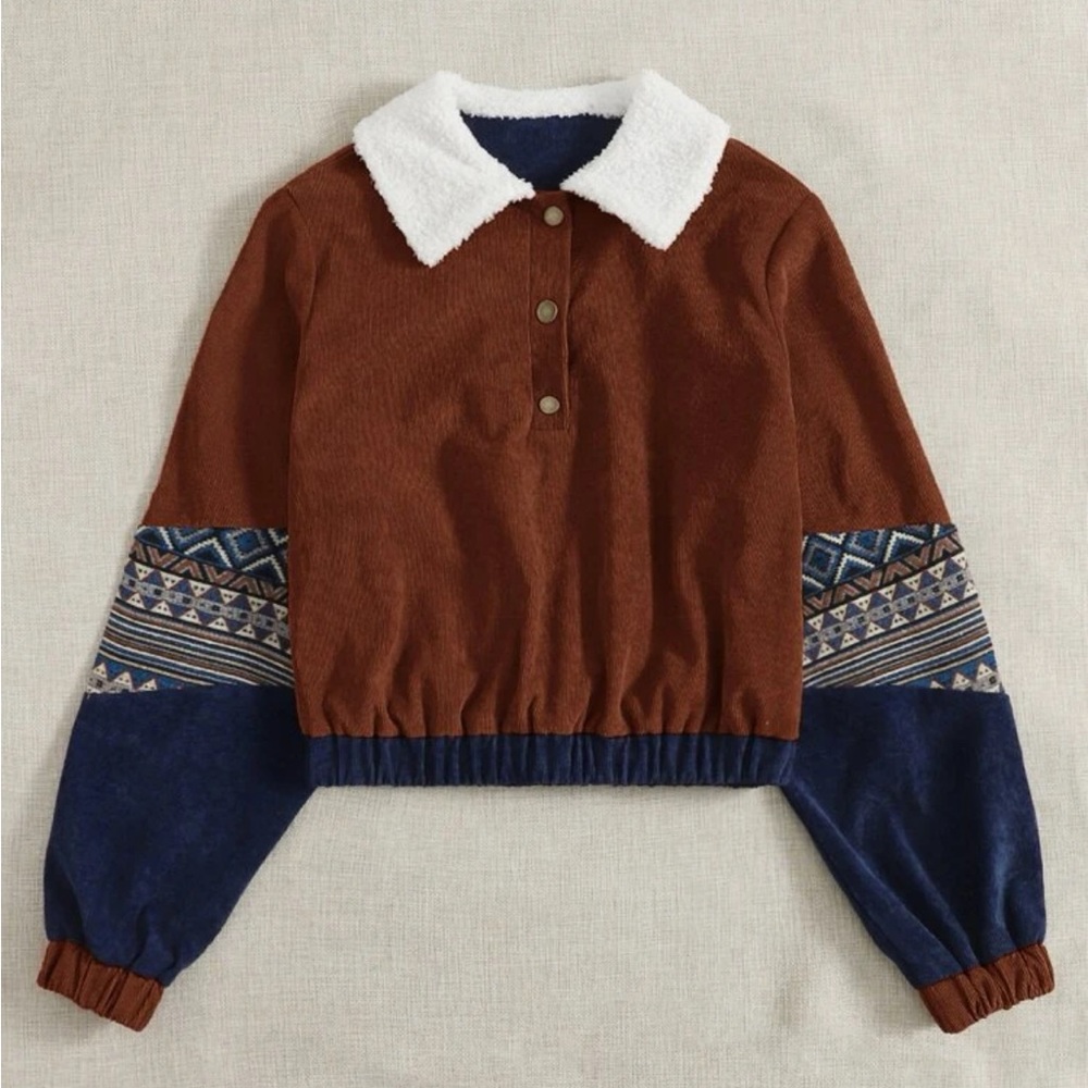 🤎BRANDNEW🤎 Contrast Collar Geo Print Corduroy Sweatshirt